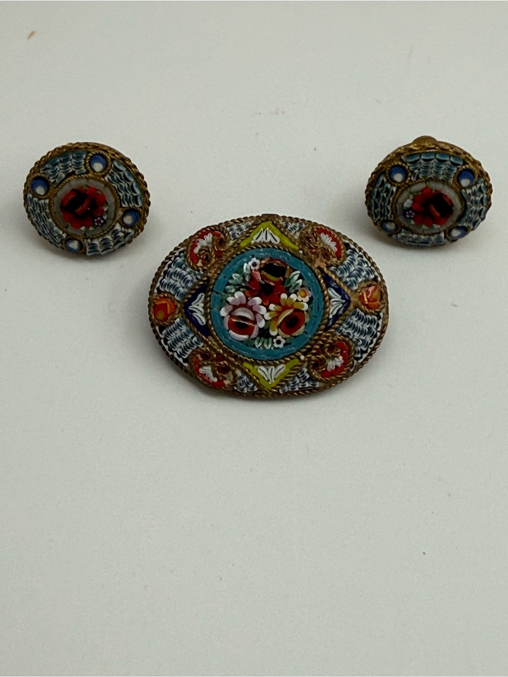 Vintage Micro Mosaic Floral Brooch and Earring Set - Multicolor